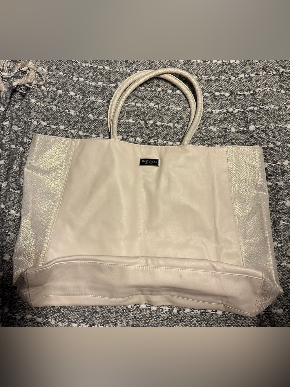 Jimmy Choo Cream Leather Tote with Textured Side Panels